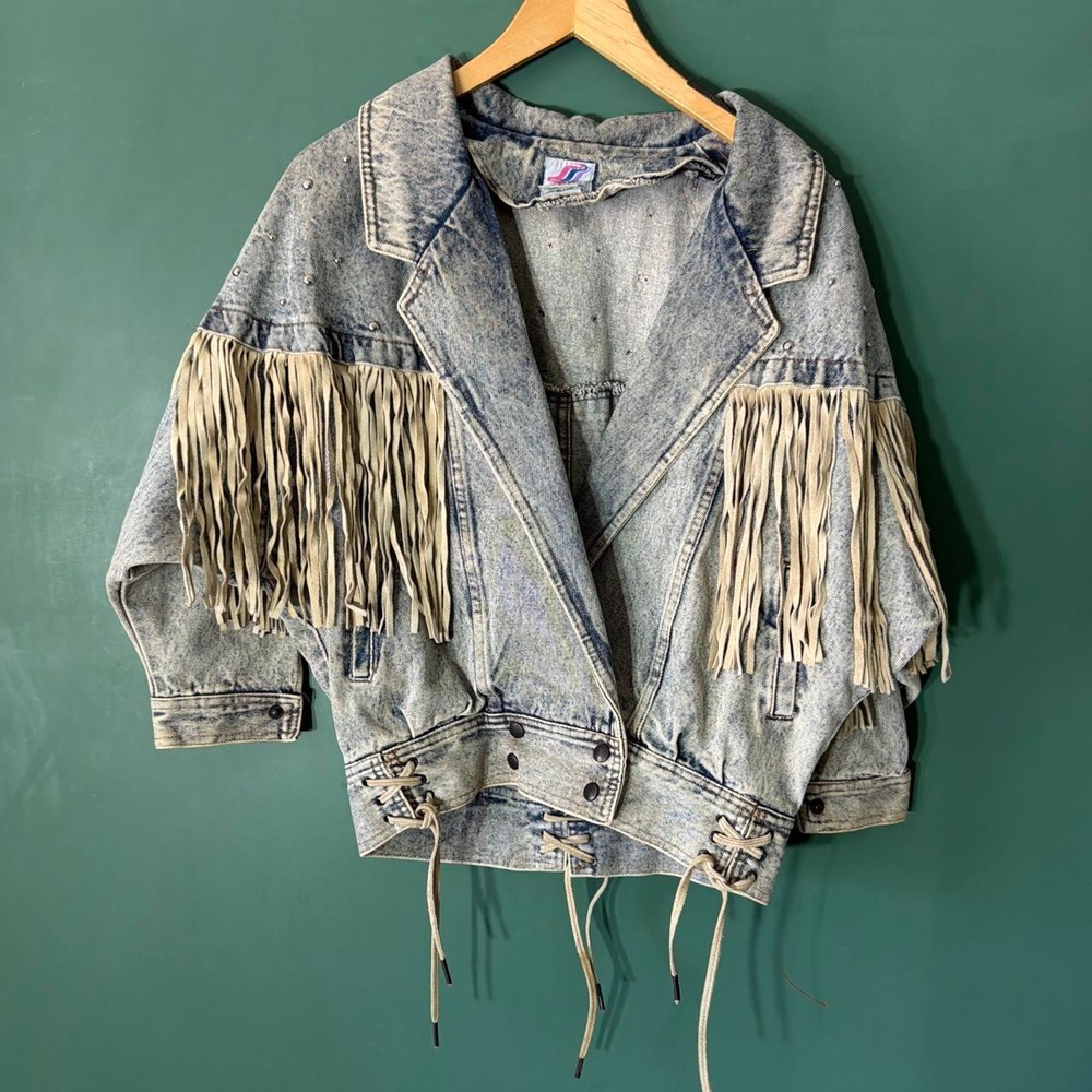Brite n Sassy Vintage 90s Acid Wash Denim Fringe Western Jacket Lace Up Studded